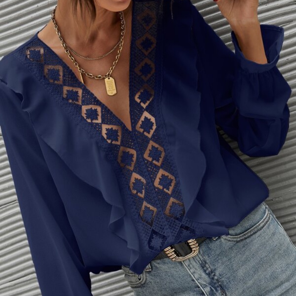 Bohemian Navy Blue Floral Lace Ruffle Blouse Minimalist